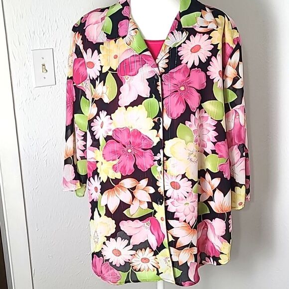 Gloria Lance Coordinated Blouse & Cami, Pink, Yellow, Green Flowers, Size 2X - Picture 2 of 8